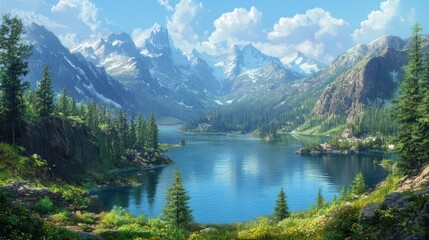 Serene Mountain Landscape with Calm Lake and Lush Greenery
