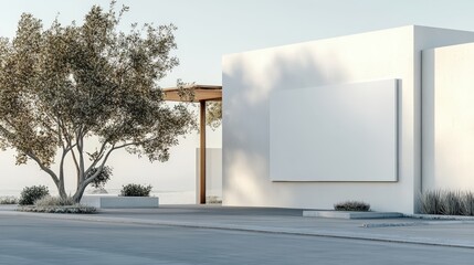 Obraz premium Minimalist building with tree and shadows.