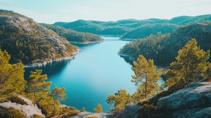 Obraz premium Serene Lake Surrounded by Lush Green Forests