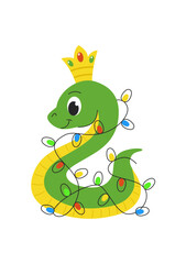 Cute Christmas snake with a crown, entwined with a New Year garland. Green snake. Chinese horoscope sign for 2025. White background