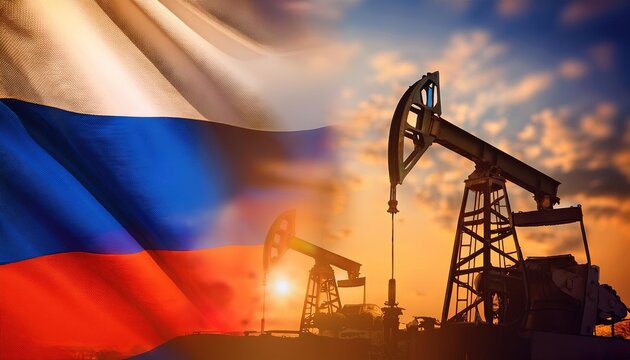Russian Oil Industry Under Sunset Sky with Flag