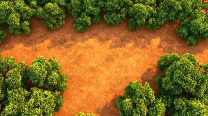 Aerial View of Lush Green Trees Surrounding a Red Clay Clearing in a Forest