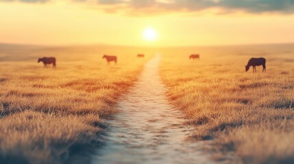Obraz premium Country Road Sunset with Cows Grazing in Golden Field