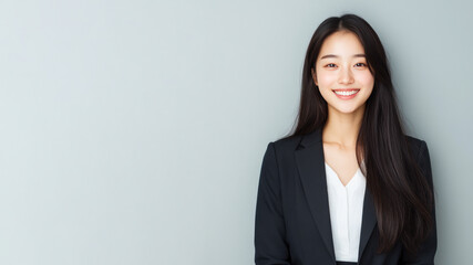 Obraz premium Chinese business woman in suit blazer isolated on gray, lawyer secretary