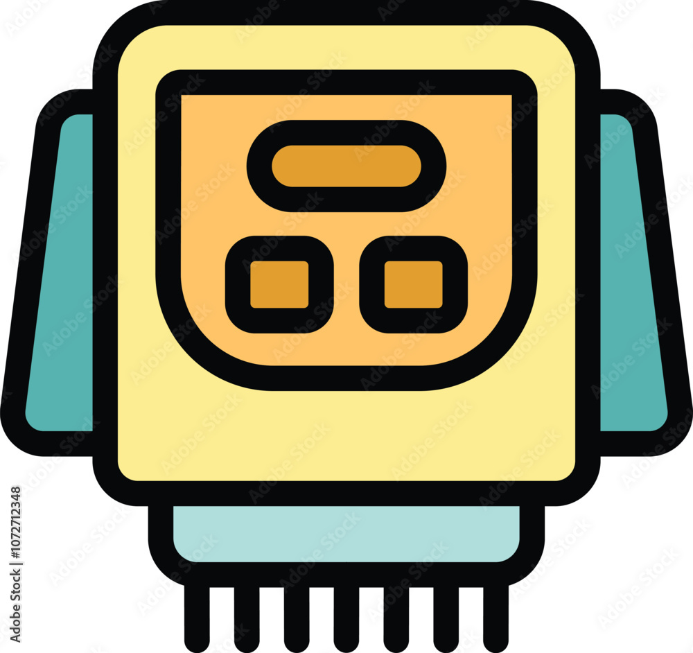 Poster electronic device with buttons and display is performing a task, simple colored vector icon