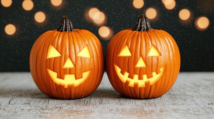 Obraz premium Halloween Jack o Lantern Pumpkins with Glowing Faces and Bokeh Lights