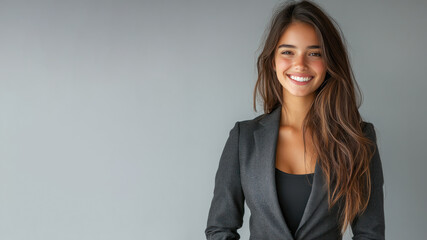 Obraz premium Hispanic business woman in suit blazer isolated on gray, lawyer secretary