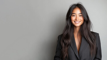 Fototapeta premium Indonesian business woman in suit blazer isolated on gray, lawyer secretary