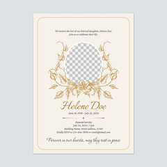 Floral funeral invitation template features a gold floral frame encircling a circular photo placeholder on a bright brown background conveying a sense of respect and solemnity