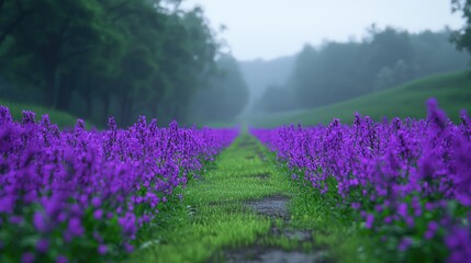 Obraz premium Misty Forest Path with Purple Wildflowers Nature Photography
