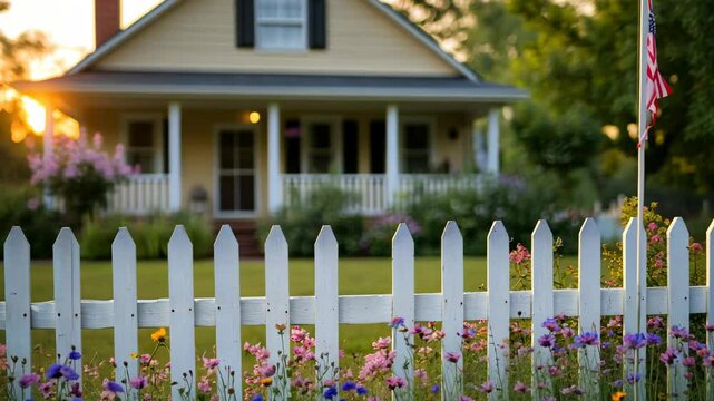 A quaint yellow house with a white picket fence and blooming flowers in the foreground.