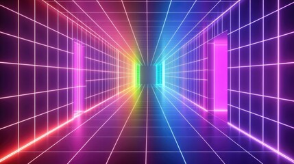 Neon Grid Tunnel with Vibrant Colors and Light Effects