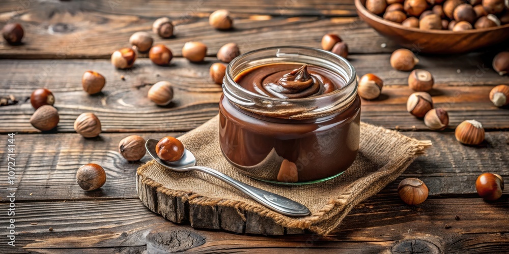 Poster a jar of rich chocolate spread with a single hazelnut on a spoon, surrounded by scattered hazelnuts 