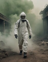 Obraz premium Person in Full Hazmat Suit and Gas Mask in Highly Contaminated Environment