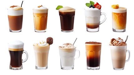 Coffee with whipped cream and coffee beans on a white background