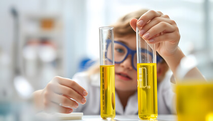 Elementary student examining yellow chemical in test tube at isolated with white highlights, png