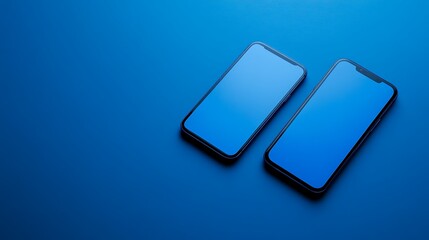 Smart phone with blank screen on blue background Top view with copy space