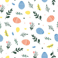 Seamless vector pattern for Easter. Seamless pattern of colorful silhouettes of rabbits, eggs and wild flowers.