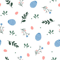 Seamless vector pattern for Easter. Seamless pattern of colorful silhouettes of rabbits, eggs and wild flowers.