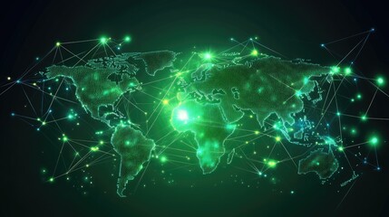 Digital World Map with Green Neon Lights