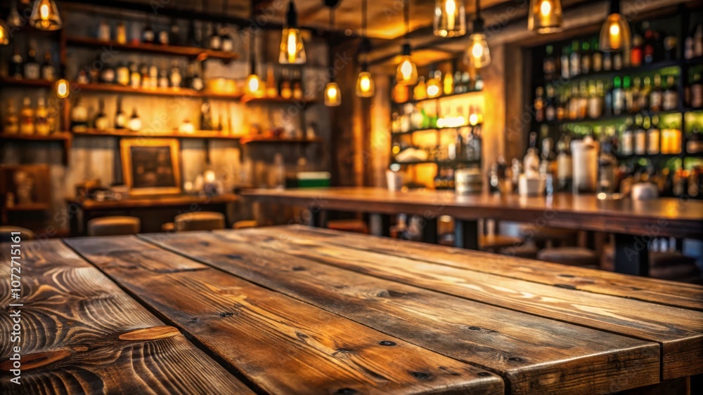 Aufkleber rustic wooden tabletop with a blurry backdrop of a dimly lit bar with shelves of bottles