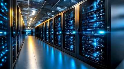 The camera hones in on a sleek, futuristic data center corridor lined with racks of servers and glowing panels, bathed in a cool, ethereal blue light