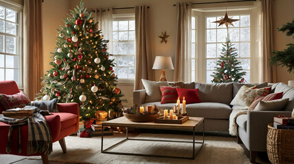 Obraz premium Cozy and inviting living room decor for the winter season, incorporating warm textiles, soft lighting, and festive accents. interior 