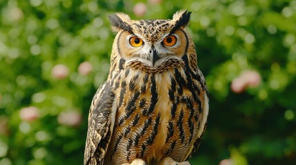 Obraz premium Majestic Eurasian Eagle Owl Portrait with Green Forest Background