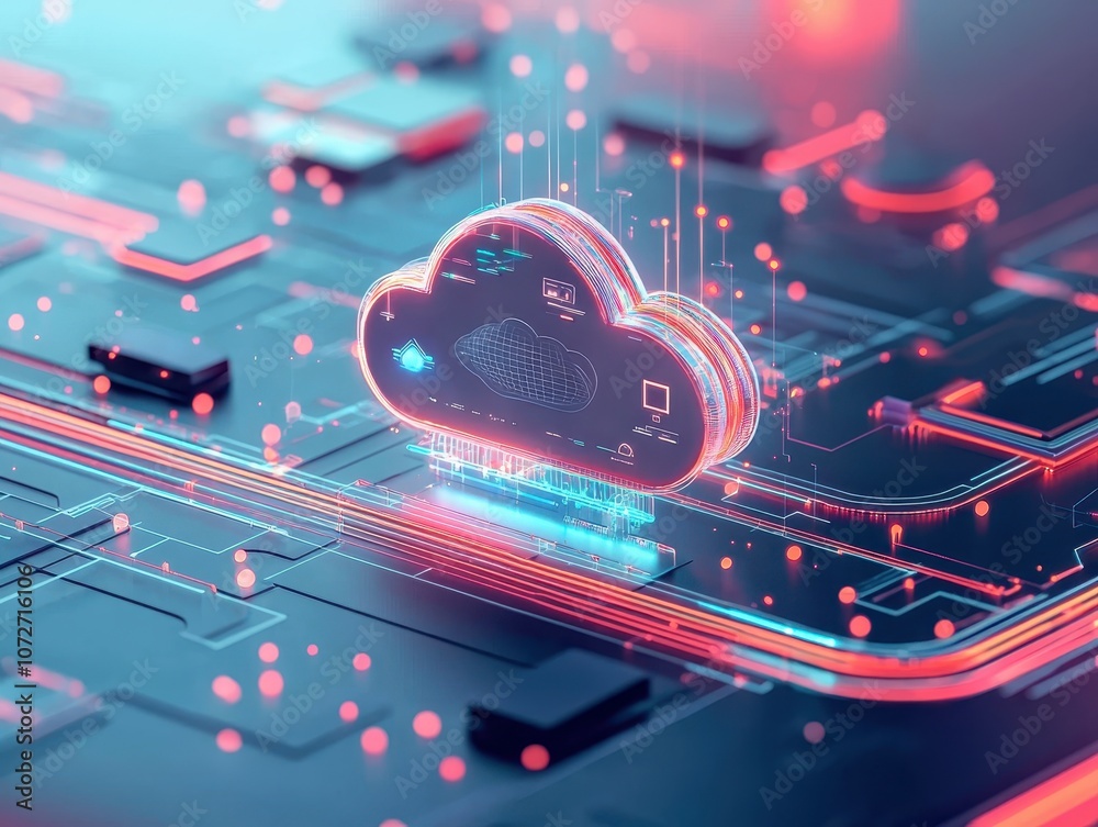 Poster futuristic cloud computing concept with vibrant blue and red neon lights highlighting a digital clou