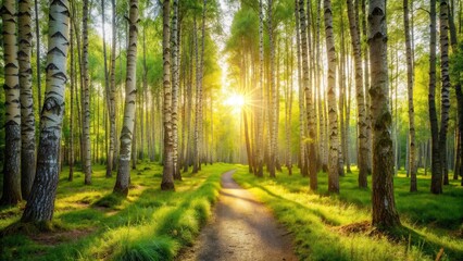 A sunlit pathway winds through a birch forest, golden rays illuminating the green canopy and casting long shadows on the grass