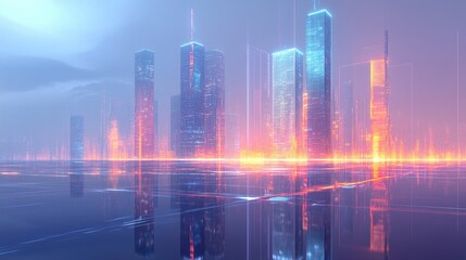 Obraz premium Futuristic Cityscape with Neon Lights and Reflections