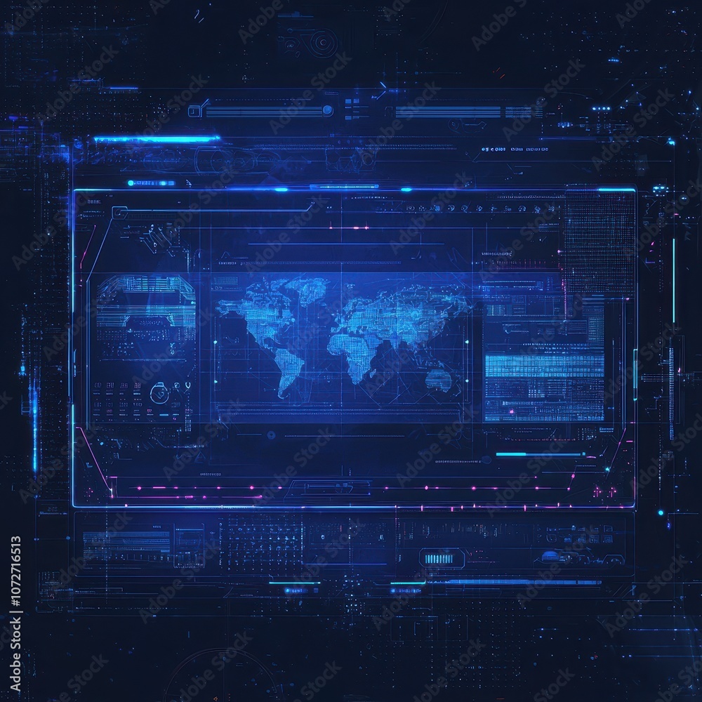 Poster futuristic digital interface displaying world map and data streams for science fiction and technolog