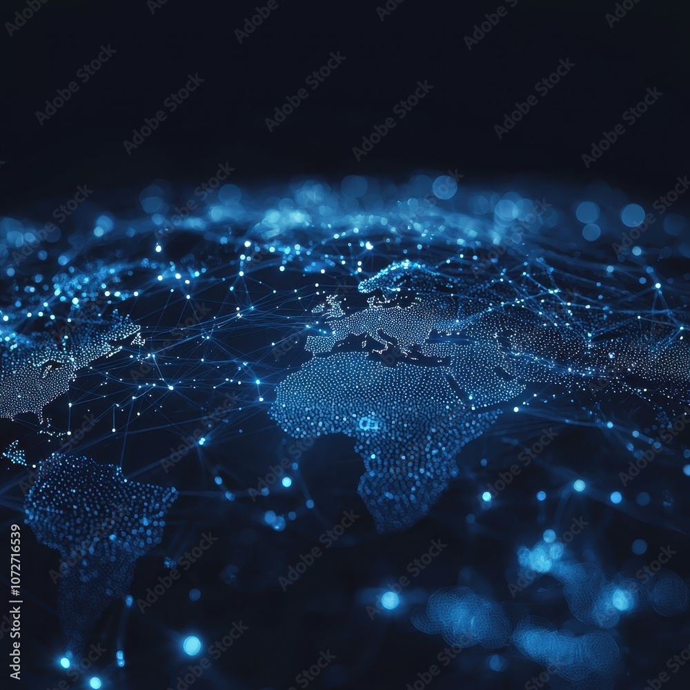 Poster abstract digital world map with network connections and nodes representing global digital communicat