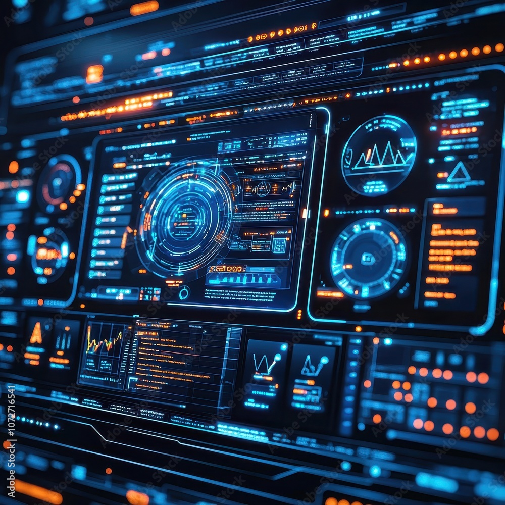 Poster futuristic digital interface with glowing data visualizations, graphs, and technology elements showc