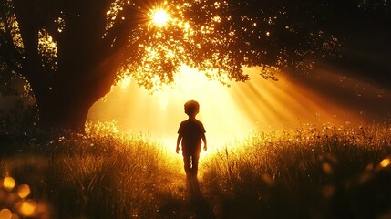 Fototapeta premium Boy Walking Towards the Sunlight