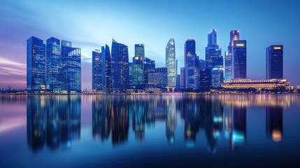 Naklejka premium Modern City Skyline at Dusk with Reflection in Water