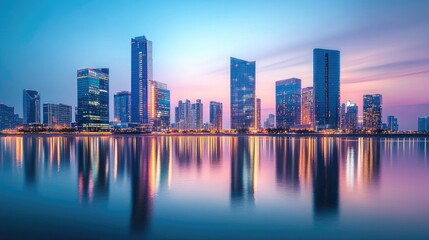 Fototapeta premium Vibrant City Skyline at Dusk Reflection