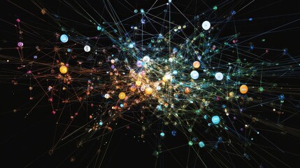 Colorful Abstract Network Visualization with Bright Nodes and Dynamic Connections Illustrating Complex Data Interactions and Relationships in a Digital Space