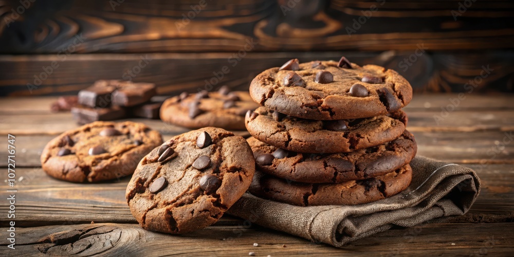 Poster Close-up of a stack of chocolate chip cookies on a rustic wooden table, surrounded by other cookies and chocolate bars, creating a tempting and inviting scene.