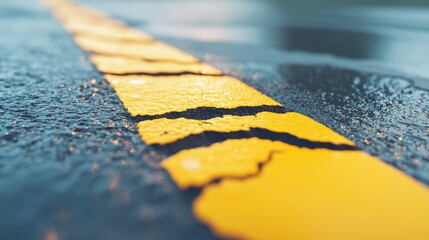 Obraz premium Wet Asphalt Road with Yellow Line and Raindrops 3D Illustration