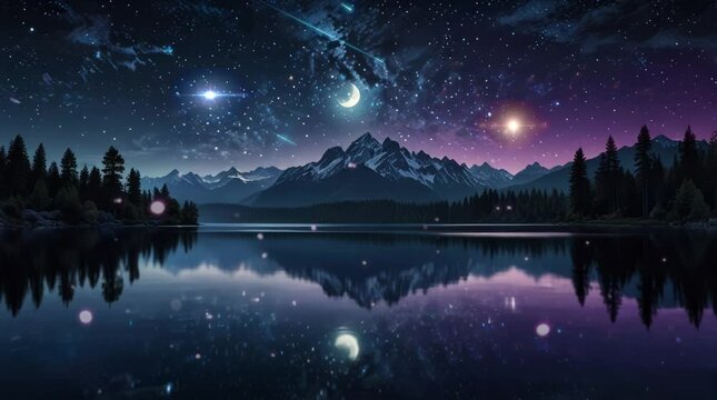 lancape beauty of forests and lakes at night with beautiful stars. Seamless looping time-lapse virtual 4k video animation background