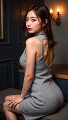 落ち着いたグレーのニットドレスをまとった女性が背中を見せるセクシーな後ろ姿が魅力的で、シックな照明とダークな背景がシルエットを際立たせ、大人のエレガンスを感じさせます。