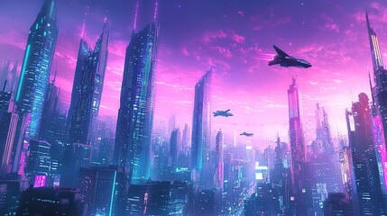 Obraz premium Futuristic Cityscape with Neon Lights