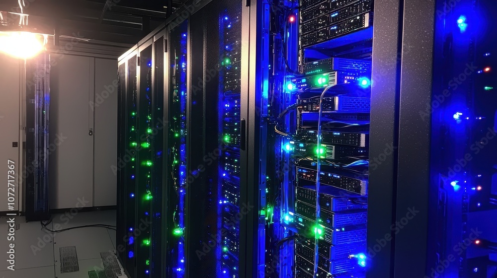Poster illuminated server room with modern technology and colorful lights showcasing multiple racks of high