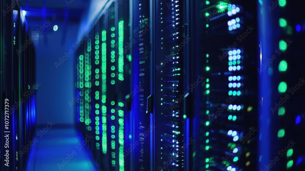 Poster high-tech data center with rows of servers illuminated by led lights in blue and green, showcasing m