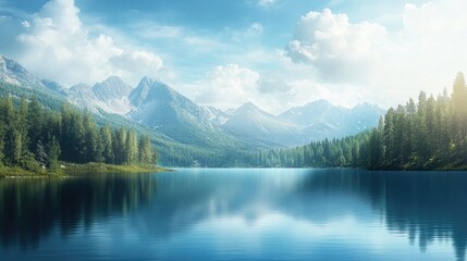 Fototapeta premium Serene Lake Landscape with Mountains and Clouds