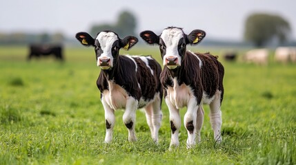 Twin Calves in Green Pasture Under Clear Sky