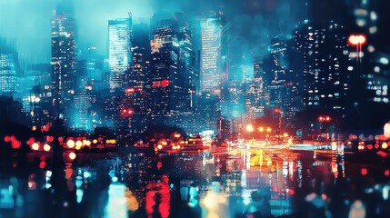 Fototapeta premium A Stunning Night View of a Vibrant City Skyline Reflected in a Rain-soaked Street, Illuminated by Colorful Neon Lights and a Mysterious Atmosphere