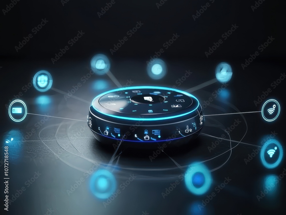 Poster futuristic touchscreen device with interactive icons for smart technology user interface on dark bac