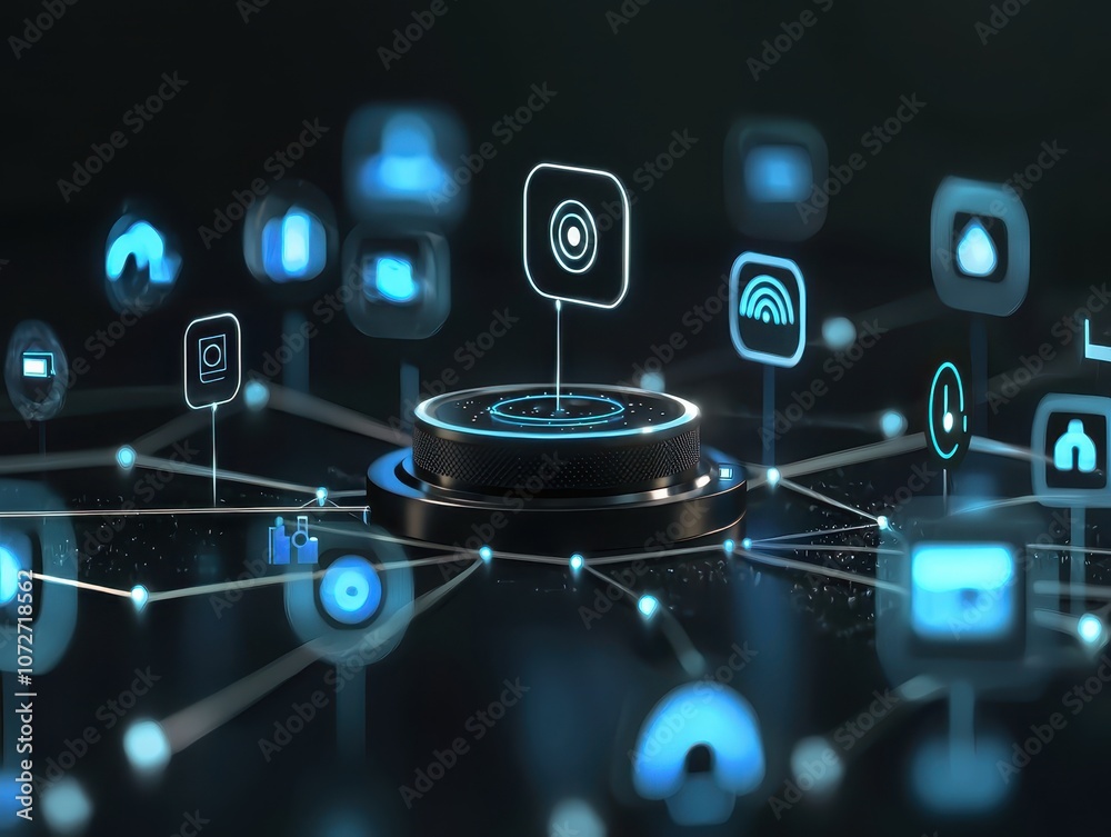 Poster futuristic digital interface representing network of application icons in a 3d space with luminous e